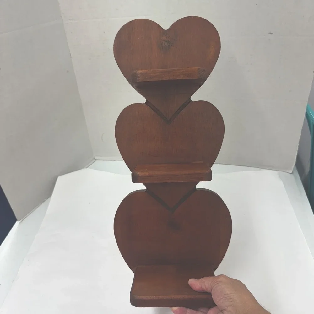 Vintage 3 Tier Wooden Heart Shaped Wall Shelf W/Peg Cottagecore Granny